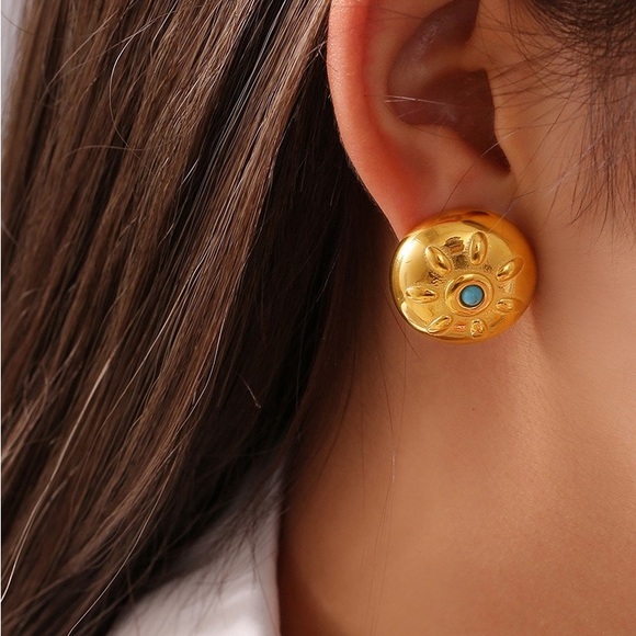 18K Gold Circle Earrings*Round Earrings*Turquoise Earrings - Picture 1 of 8
